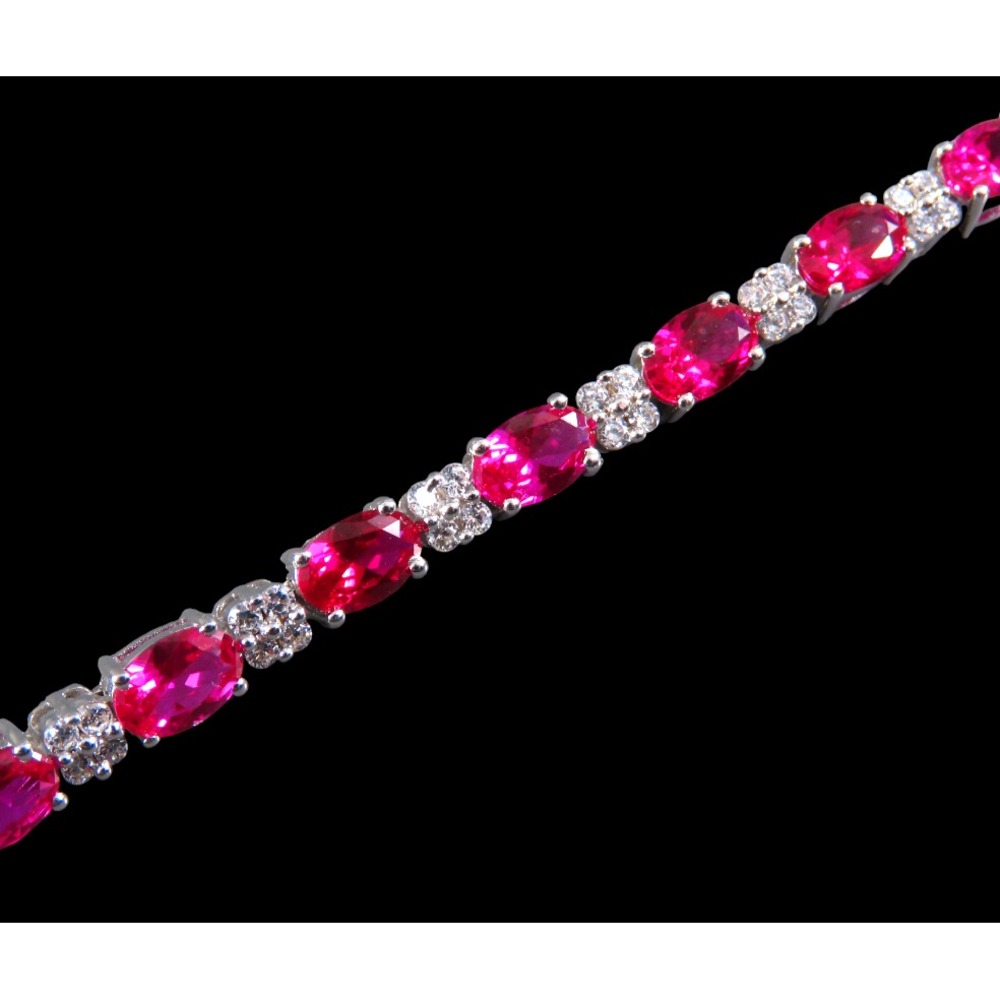 STERLING SILVER Tennis Bracelet FUCHSIA PINK SAPPHIRES Lab-Created w/Topaz Trim - Picture 4 of 9